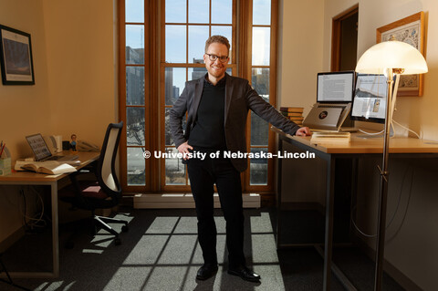 Andy Jewell, Professor of English, in his Love Library office. Jewell is the spring 2018 Nebraska Le