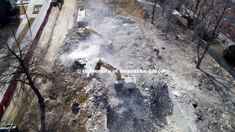 The cleanup of the rubble from the Cather Pound Residence Halls implosion is almost complete. Februa