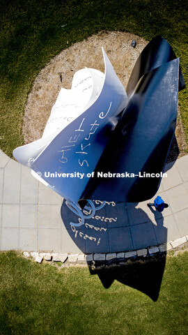 The Torn Notebook sculpture in front of the Visitors Center on city campus. April 4, 2018. 