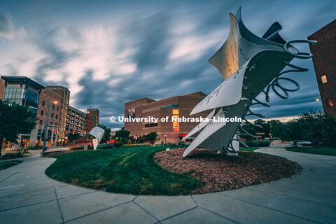 Exterior shot of the Lied Center from in front of the Torn Notebook sculpture on 12th and Q Streets.