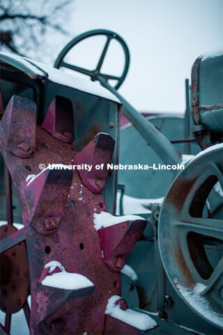 Snow covered tractors at the Larsen Tractor Museum on East Campus. February 11, 2019. 