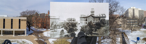 Photo of University Hall is held up to show its former placement on campus by Architecture Hall and 