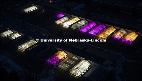 East Campus greenhouses are a kaleidoscope of colors Thursday night. Glow Big Red bathes the campuse