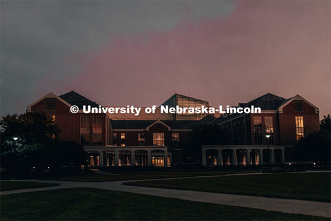 Exterior shot of the Kauffman Academic Residential Center at sunrise. July 10, 2019. 