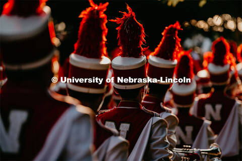 Cornhusker Marching Band trumpet section during march down. Nebraska vs. Northern Illinois football 