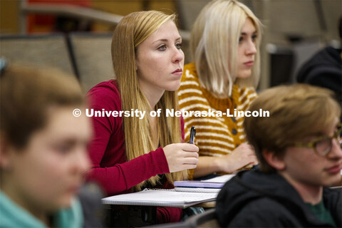 Lauryn Monteforte, a freshman in agribusiness from Geneva and a Husker Power scholar, listens in Pro