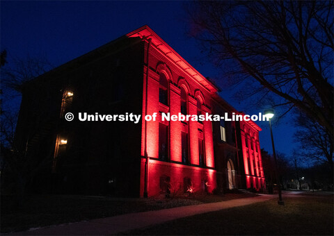 The buildings on East Campus are lit up red for Glow Big Red. February 13, 2020. 