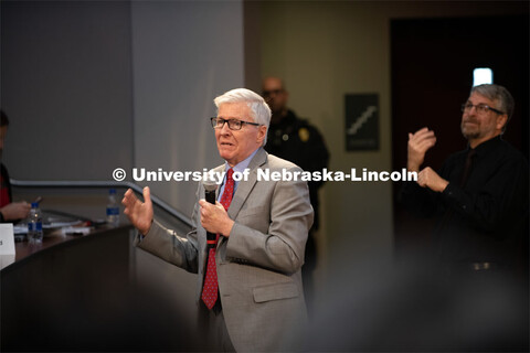 Archie Clutter, Dean of Agricultural Research Division, speaks at The State of Our University. The N