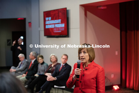 Kathy Farrell, Dean of the College of Business, addresses a full house at The State of Our Universit