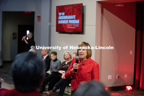 Kathy Farrell, Dean of the College of Business, addresses a full house at The State of Our Universit