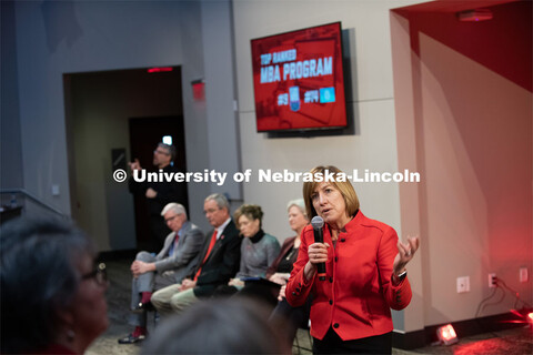 Kathy Farrell, Dean of the College of Business, addresses a full house at The State of Our Universit