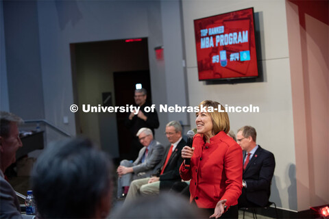 Kathy Farrell, Dean of the College of Business, addresses a full house at The State of Our Universit