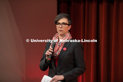 Claire Stewart, Dean of Libraries, speaks at the State of Our University Address. The N2025 strategi