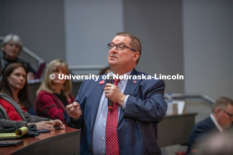 Robert Wilhelm, Vice Chancellor for Research and Economic Development, answers a question from the a