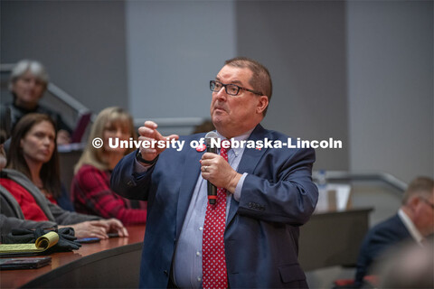 Robert Wilhelm, Vice Chancellor for Research and Economic Development, answers a question from the a