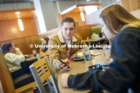 Abel Sandoz Dining Center photo shoot. Students visiting while eating. March 3, 2020. 