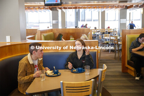 Abel Sandoz Dining Center photo shoot. Students visiting while eating. March 3, 2020. 