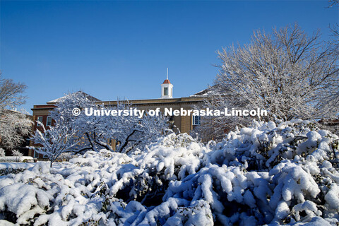 The Love gardens are covered in a blanket of snow. An April snowstorm leaves campus unseasonably bea