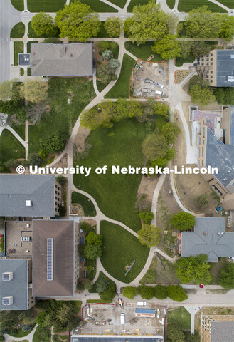 Aerial view of (clockwise) Entomology Hall, Nebraska East Union, Miller Hall, Massengale Residential