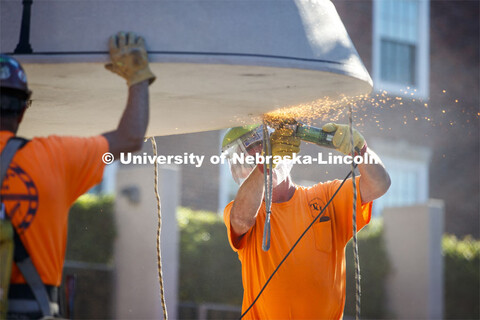 A stainless-steel N is the centerpiece of the Alumni Association's remodeled Holling Garden. Designe