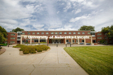 Exterior view of the Selleck Residence Hall and Dining Center. August 4, 2020. 