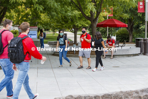 Photo shoot of students on city campus display mask wearing. Students wear masks while crossing camp