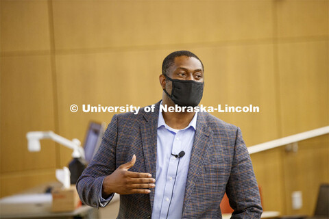 Uche Jarrett teaches Intro to International Economics in the College of Business. First day for in-p