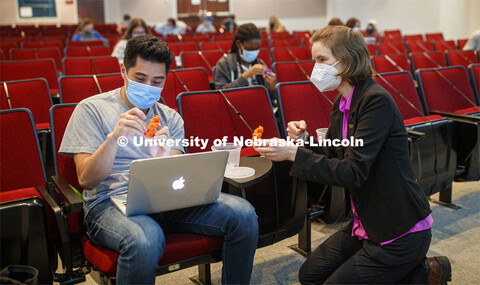 Rebecca Roston (right), associate professor of biochemistry, with Alex Teano to help him visualize h