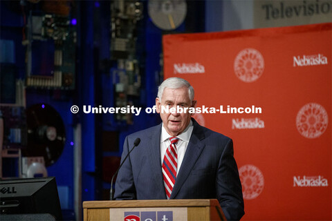 Robert Hinson, USAF, Lt. Gen (Ret) speaks at the press conference announcing that the University of 