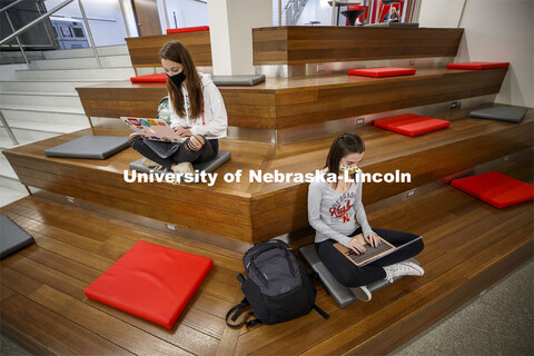 Students inside the remodeled Nebraska East Union. East Campus photo shoot. October 13, 2020. 