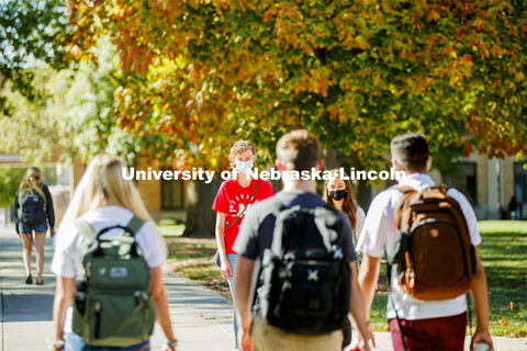 Students crossing campus. East Campus photo shoot. October 13, 2020. 