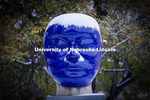 Untitled by Jun Kaneko is covered with snow. Monday morning after an overnight snow on city campus. 