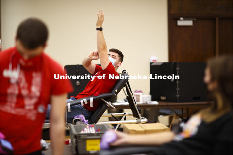 Students donate in the Homecoming Blood Drive in the Nebraska Union ballroom on city campus. October