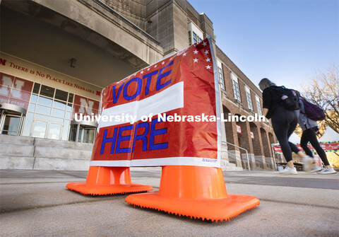 A "Vote Here" sign directs people into the Nebraska Union. Voting in the Nebraska Union for the 2020