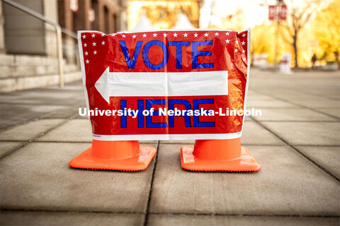 A "Vote Here" sign directs people into the Nebraska Union. Voting in the Nebraska Union for the 2020