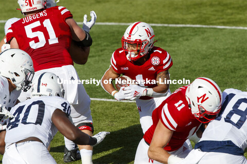 Wan'Dale Robinson carries the ball in the first quarter toward the goal line. Nebraska v. Penn State