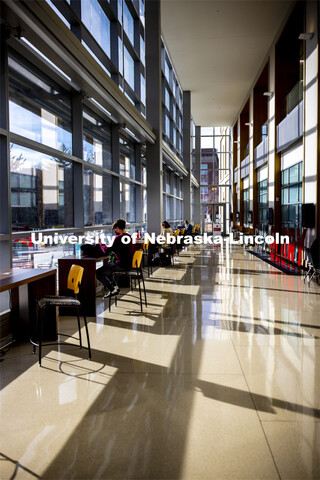 Students study along the south glass wall of the College of Business’ Howard Hawks Hall.  November