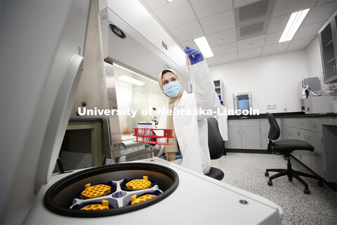 Mahaa Albusharif, student worker, works in the Nebraska Food for Health Center lab. November 19, 202