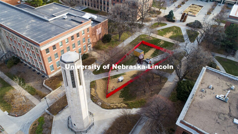 Steam tunnel work in-between Mueller Bell Tower and Love Library. December 1, 2020. 