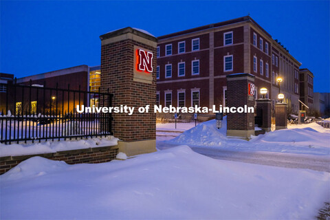 City Campus gateway pillars in the snow. February 9, 2021. 