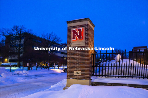 City Campus gateway pillars in the snow. February 9, 2021. 