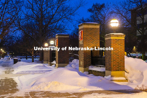 City Campus gateway pillars in the snow. February 9, 2021. 