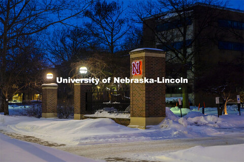 City Campus gateway pillars in the snow. February 9, 2021. 