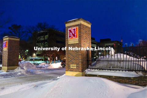 City Campus gateway pillars in the snow. February 9, 2021. 