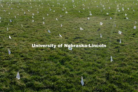 Flags are spread across the Nebraska Union Greenspace. Flags and signs are placed in the Nebraska Un