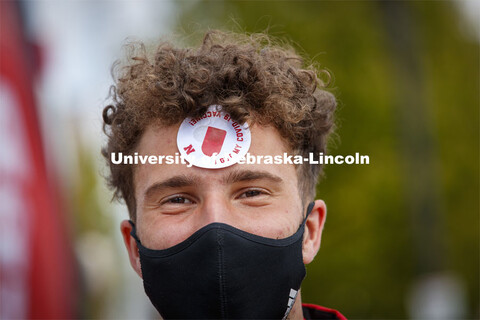 Albert Sprlak wears his sticker after being vaccinated Tuesday. Vaccine clinic in the Coliseum with 