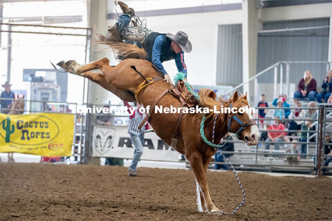 Nebraska’s Sam Florell competes in the saddle bronc riding event at the Nebraska Cornhusker Colleg