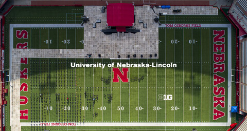 Chairs are set up on Tom Osbourne Field in Memorial Stadium for Saturday’s commencement. May 6, 20