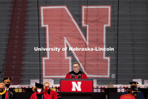 Chancellor Ronnie Green gives his greeting to students and guests to begin the afternoon commencemen