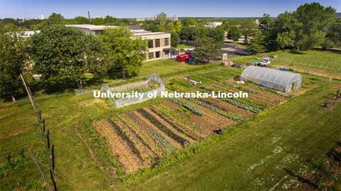 Aerial view of the UNL Student Organic Farm. Students work in the Student Organic Garden on East Cam